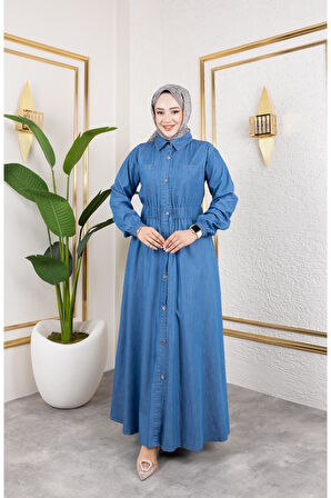 Kadın Belden Lastikli Cep Detaylı İnce Kot Elbise