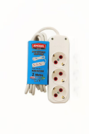 3 lü Topraklı Anahtarlı 2 Metre Kablolu Grup Priz