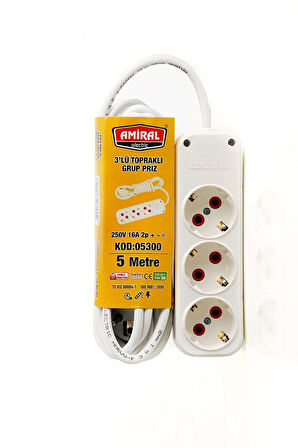 3 lü Topraklı 5 Metre Kablolu Grup Priz