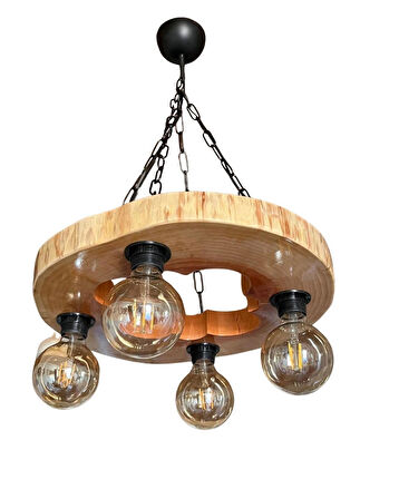 Kütük Avize 4'Lü Başlık Masif Ahşap Salon Otel Kafe Bungalov Ev