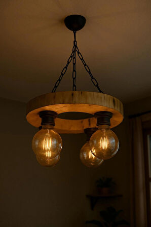 Kütük Avize 4'Lü Başlık Masif Ahşap Salon Otel Kafe Bungalov Ev