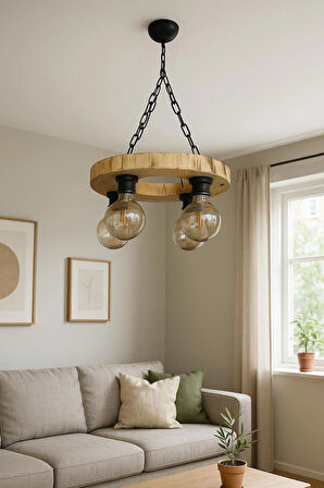 Kütük Avize 4'Lü Başlık Masif Ahşap Salon Otel Kafe Bungalov Ev