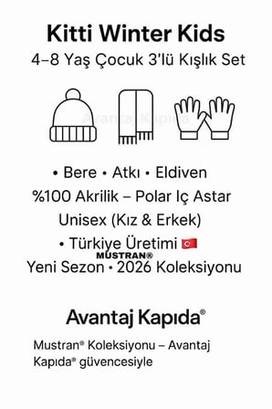 4–8 Yaş Kız Erkek Çocuk Bere Atkı Eldiven 3’lü Kışlık Set | Polar İçli Triko | Yeni Sezon 2026