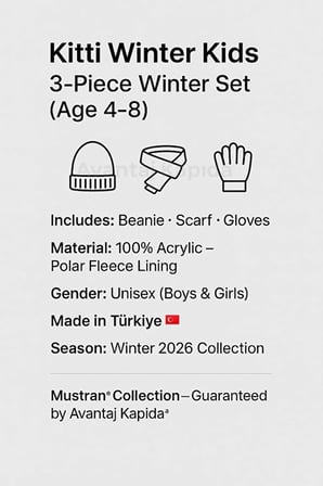 4–8 Yaş Kız Erkek Çocuk Bere Atkı Eldiven 3’lü Kışlık Set | Polar İçli Triko | Yeni Sezon 2026