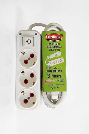 #Priz Dayanıklı Güvenli Elektrik Ofis TV Yanı 3'lü Topraklı Anahtarlı 3 Metre Kablolu Şık Grup Priz