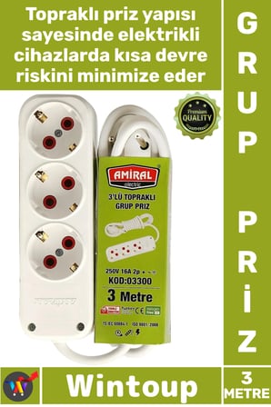 #Priz Dayanıklı Isıya Dirençli Beyaz Güvenli Uzatma Kablosu 3'lü Topraklı 3 Metre Kablolu Grup Priz