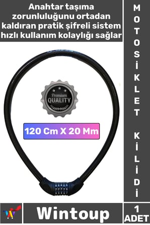 #Kilit Dayanıklı Yüksek Güvenli Motor Bisiklet 120 Cm 20 Mm 5 Hane Şifreli Siyah Motosiklet Kilidi