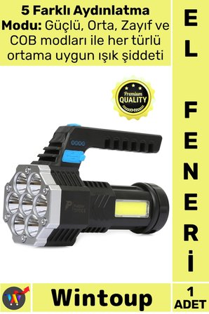 #ElFeneri Güçlü Kamp Taktik Su Geçirmez USB Şarj Göstergeli Şarj Edilebilir 7XPE +COB Led El Feneri