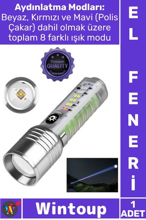 #ElFeneri Mıknatıslı Oto TG LED Güçlü 8 Modlu Type C 1000 Lümen Polis Çakarlı Şık Şarjlı El Feneri