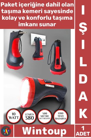 #Işıldak Şarjlı 10 W Projektör Led 2 Mod Aydınlatmalı Uzun Menzilli Güvenlik Bekçi Polis El Feneri