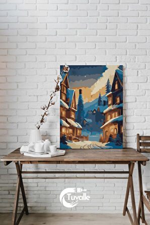 Avrupa Kış Tatil Beldesi Sayılarla Boyama Seti, Hobi Seti, 40X50 Tablo, Fırça Boya, Numaralı Tuval