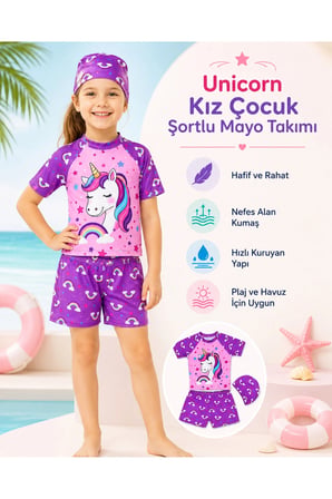 Kız Çocuk 3’lü Plaj Takımı Deniz Kızı Desenli Mayo Seti Bone Şortlu