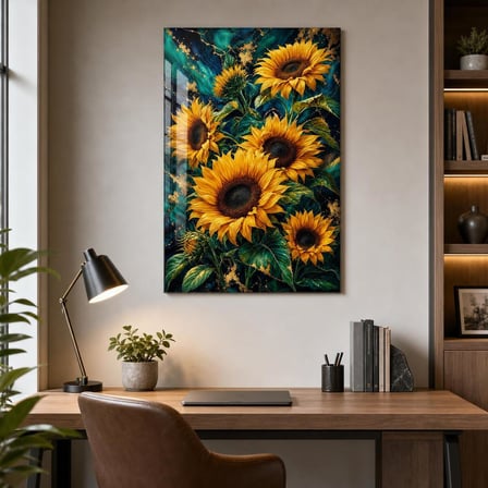 Ayçiçeği Desenli Baskılı Cam Tablo – Gold Detaylı Dekoratif Duvar Tablosu