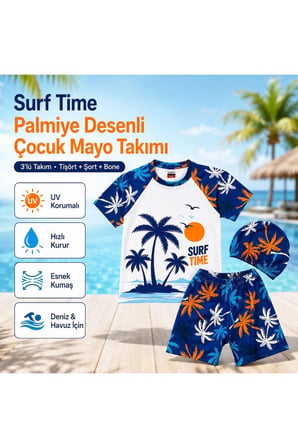 Erkek Çocuk Palmiye Desenli 3’lü Mayo Takımı Tişört Şort Bone Set