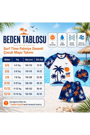 Erkek Çocuk Palmiye Desenli 3’lü Mayo Takımı Tişört Şort Bone Set
