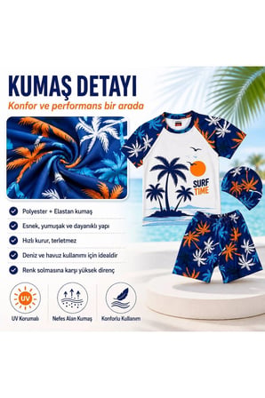 Erkek Çocuk Palmiye Desenli 3’lü Mayo Takımı Tişört Şort Bone Set