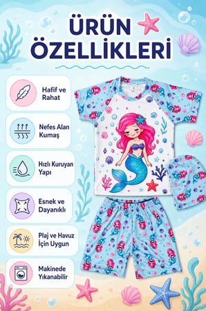 Kız Çocuk 3’lü Plaj Takımı Deniz Kızı Desenli Mayo Seti Bone Şortlu