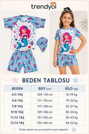 Kız Çocuk 3’lü Plaj Takımı Deniz Kızı Desenli Mayo Seti Bone Şortlu