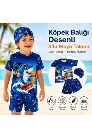 Erkek Çocuk Köpek Balığı Desenli 3’lü Mayo Takımı Deniz Şortu Tişört Bone Seti