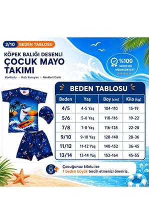 Erkek Çocuk Köpek Balığı Desenli 3’lü Mayo Takımı Deniz Şortu Tişört Bone Seti