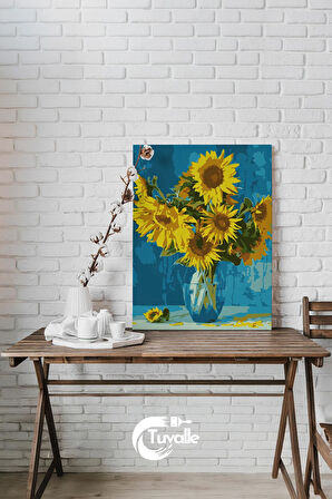 Ayçiçeklerinin Rüyası Sayılarla Boyama Seti, Hobi Seti, 40X50 Tablo, Fırça Boya, Numaralı Tuval