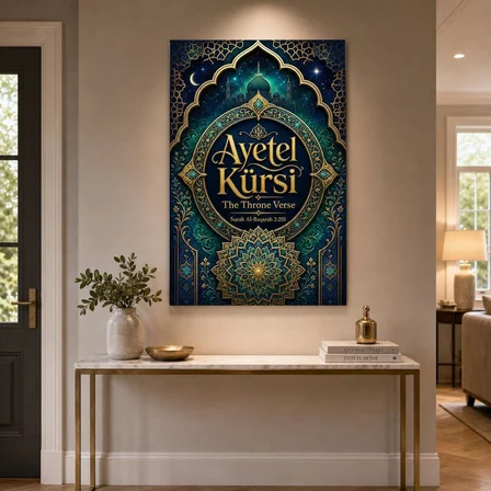Ayetel Kürsi Baskılı Cam Tablo – İslami Motifli UV Baskı Duvar Dekoru