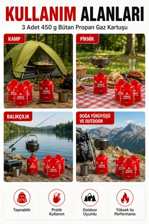 Gaz Kartuşu Bütan Propan Karışımlı Kamp Ocağı Kartuşu 3 Adet 450 g