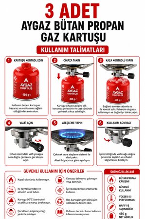 Gaz Kartuşu Bütan Propan Karışımlı Kamp Ocağı Kartuşu 3 Adet 450 g