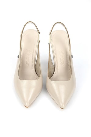 Margaret  Esnek Yumuşak Kaymaz Taban (10 cm) Bej Rugan Açık Lastikli Kadın Kalın Topuklu Ayakkabı