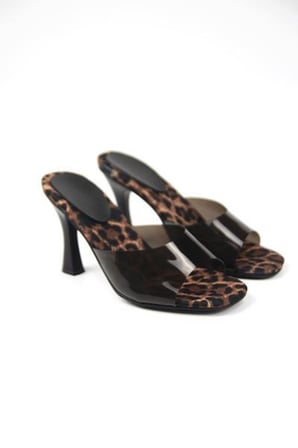 Hannah Kadın Leopar Desen Tabanlı Siyah Şeffaf Şeritli Orta Topuklu (8 CM) Topuklu Terlik