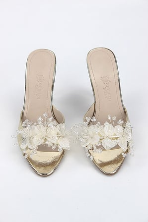 Cosima Esnek Yumuşak Kaymaz Taban (8 cm) Dore El Yapımı şeffaf Yaprak Detaylı Kadın Topuklu Terlik