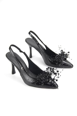 Black Beads Esnek Yumuşak Kaymaz Taban (8 cm) Siyah Rugan El Yapımı Boncuk Detaylı Açık Lastikli Kadın Topuklu Ayakkabı