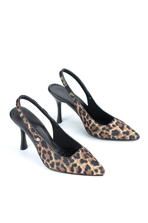 Lavender Esnek Yumuşak Kaymaz Taban (6-8 cm) Leopar Açık Lastikli Kadın Topuklu Ayakkabı