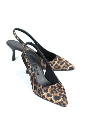 Magnolia Esnek Yumuşak Kaymaz Taban (4/6 cm) Leopar Açık Lastikli Kadın Topuklu Ayakkabı