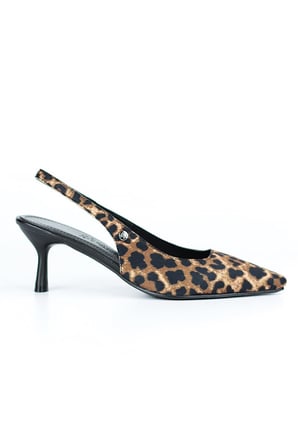 Magnolia Esnek Yumuşak Kaymaz Taban (4/6 cm) Leopar Açık Lastikli Kadın Topuklu Ayakkabı