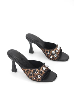 Havanna Kadın Gümüş Trok Taş Detaylı Leopar Desenli Orta Topuklu (8 cm) Topuklu Terlik