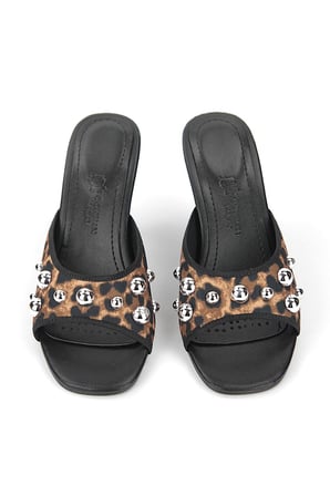 Havanna Kadın Gümüş Trok Taş Detaylı Leopar Desenli Orta Topuklu (8 cm) Topuklu Terlik