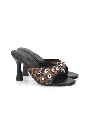 Havanna Kadın Gümüş Trok Taş Detaylı Leopar Desenli Orta Topuklu (8 cm) Topuklu Terlik