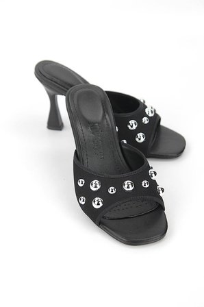 Havanna Kadın Siyah Süet Gümüş Trok Taş Detaylı  Orta Topuklu (8 cm) Topuklu Terlik