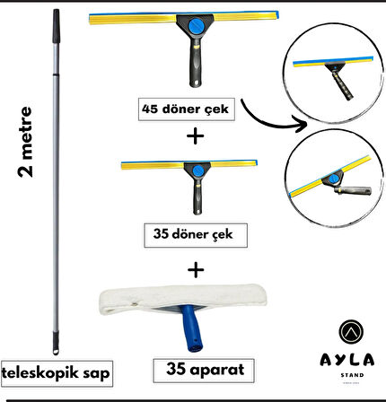 2 Metre Teleskopik Cam Silme Seti – Döner Başlıklı 45+35 cm Cam Çek + 35 cm Mop Ucu