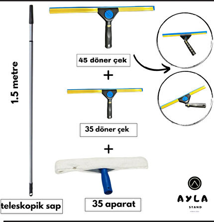 1.5 Metre Teleskopik Cam Silme Seti – Döner Başlıklı 45+35 cm Cam Çek + 35 cm Mop Ucu