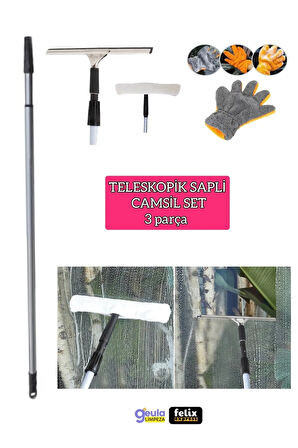 Teleskopik Saplı Cam Silme Aparatı Çok Başlıklı Set Mikrofiberli