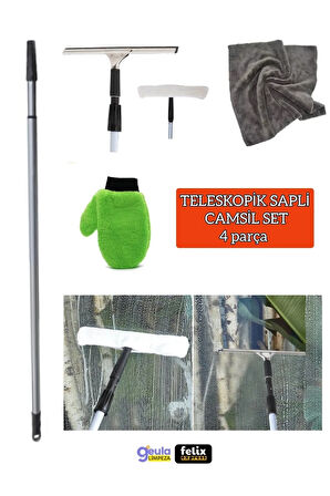 Teleskopik Saplı Cam Silme Aparatı Çok Başlıklı Set Mikrofiberli