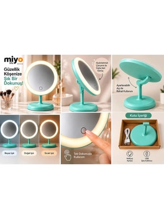 LED Işıklı Makyaj Aynası Dokunmatik Kontrollü Ayarlanabilir Açılı Masaüstü Ayna Mint Yeşili