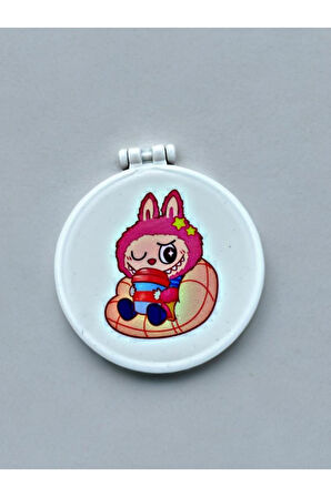 LABUBU Baskılı Plastik El Aynası. Çap: 9cm. Çift Taraflı Ayna. Gri