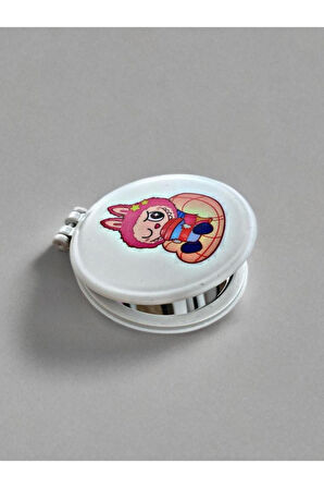 LABUBU Baskılı Plastik El Aynası. Çap: 9cm. Çift Taraflı Ayna. Gri