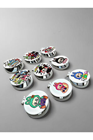 LABUBU Baskılı Plastik El Aynası. Çap: 9cm. Çift Taraflı Ayna. Gri