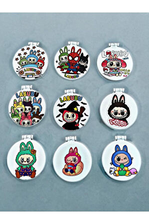 LABUBU Baskılı Plastik El Aynası. Çap: 9cm. Çift Taraflı Ayna. Gri