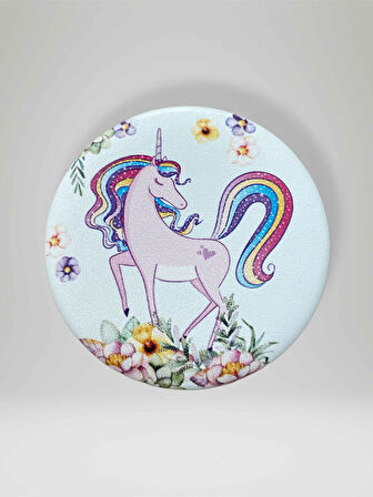 UNICORN Temalı Çift Taraflı Yuvarlak Cep Çanta Makyaj El Aynası 7cm çap (KOD:27)