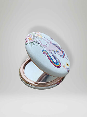 UNICORN Temalı Çift Taraflı Yuvarlak Cep Çanta Makyaj El Aynası 7cm çap (KOD:27)